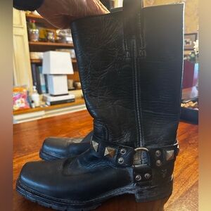 Frye Black Leather Western Boots with Studded Strap
